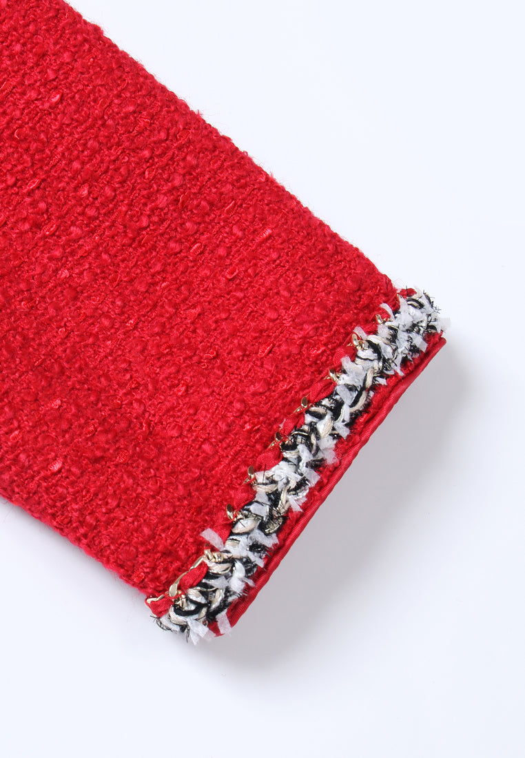 Crimson Medallion Pleated Tweed Dress