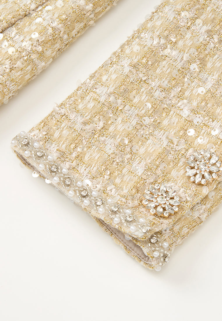 Lurex Checked Tweed Embellished Long Jacket