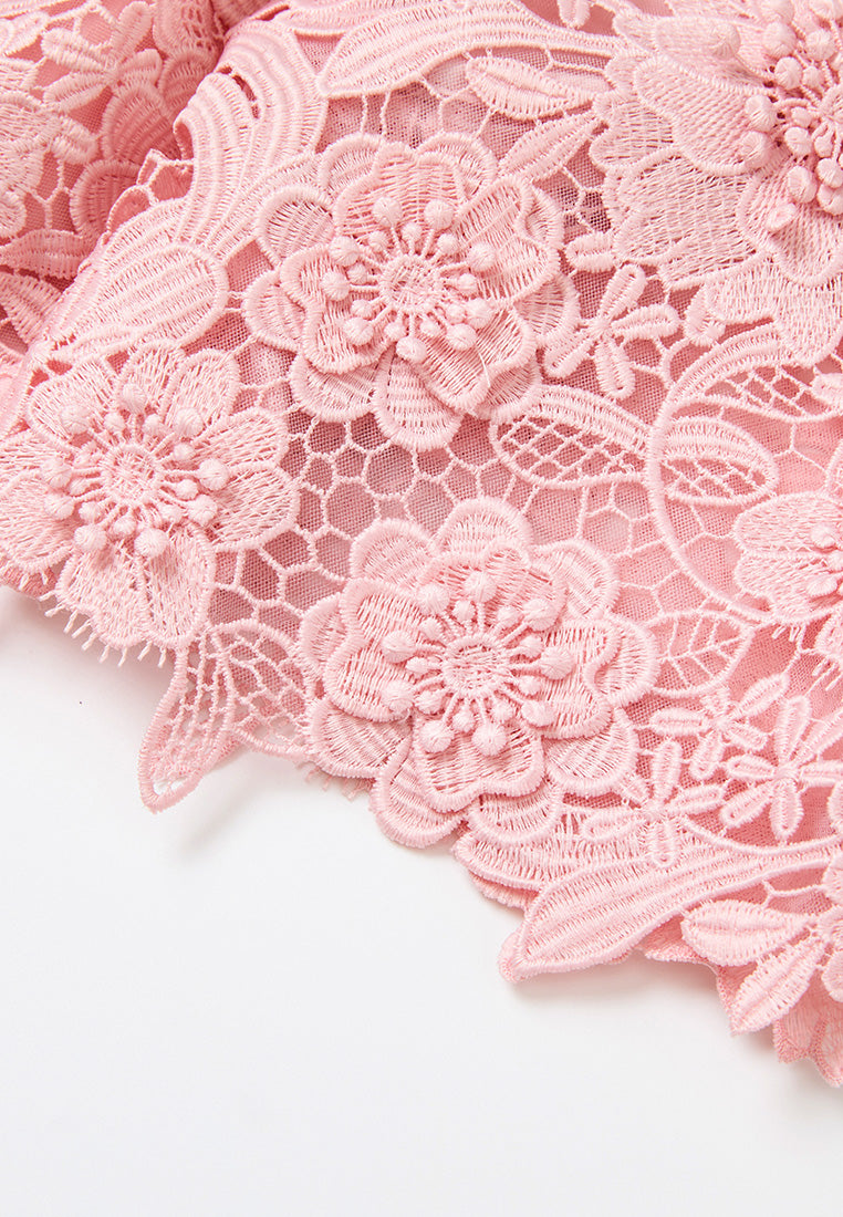 Flower-appliqué Lace Keyhole-neck Mesh Dress