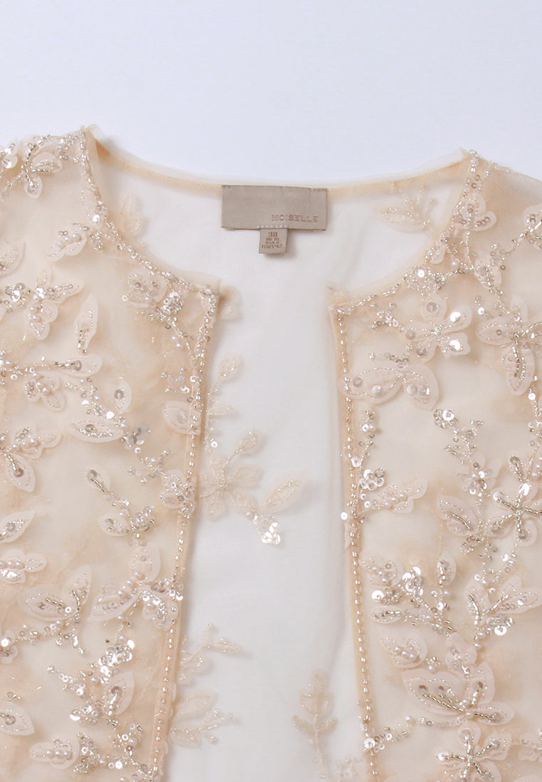 Cape-Detail Appliqué Mesh Dress