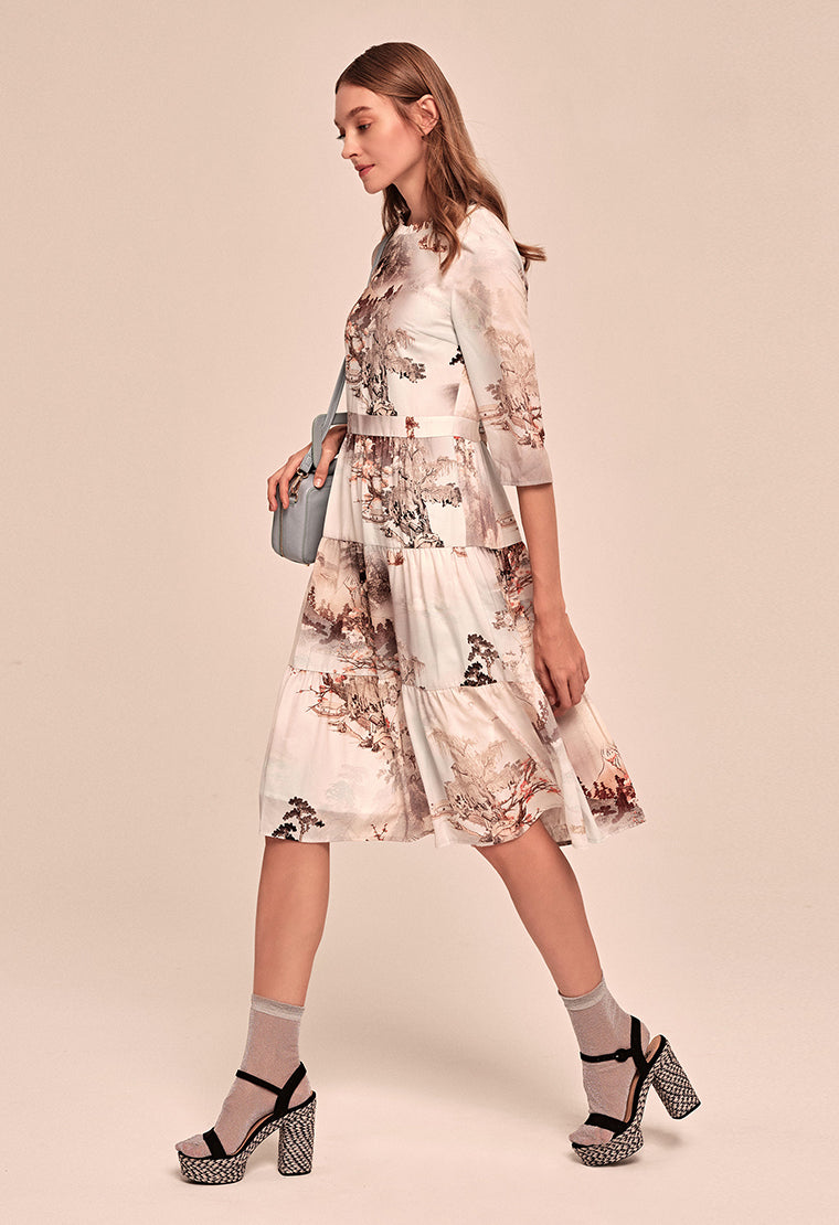Printed pattern mid-sleeve satin tiered dress - MOISELLE