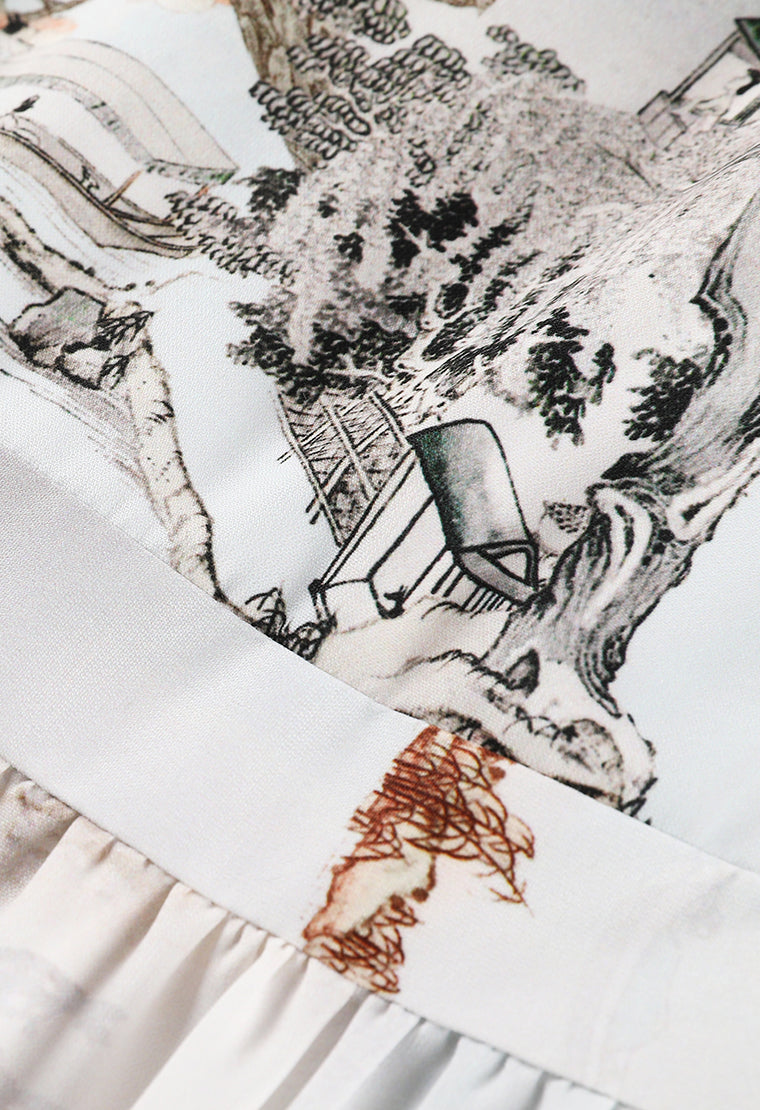 Printed pattern mid-sleeve satin tiered dress - MOISELLE