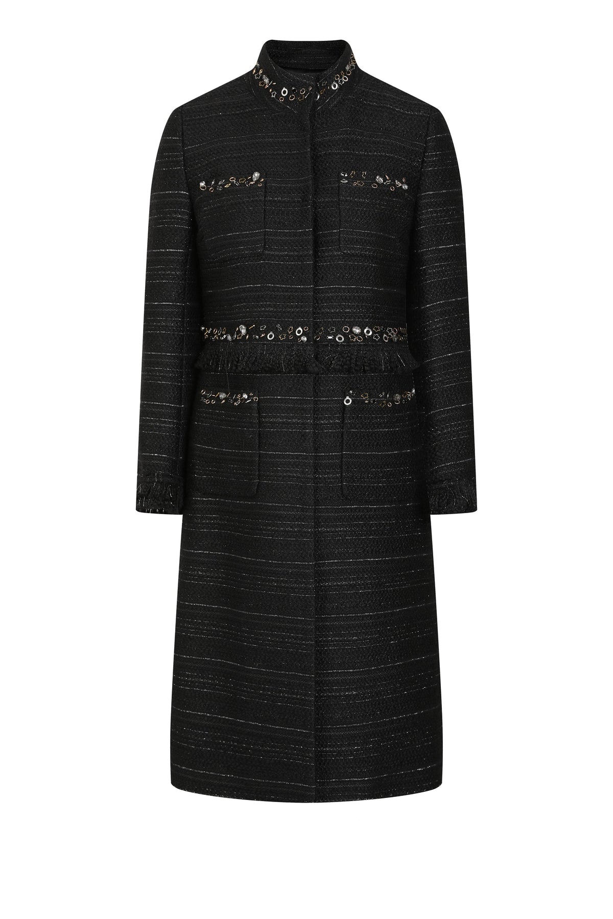 Noir Tweed Paillette Frangé Coat