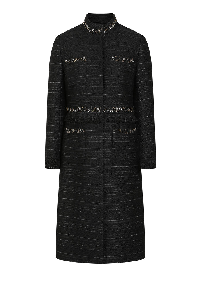Noir Tweed Paillette Frangé Coat