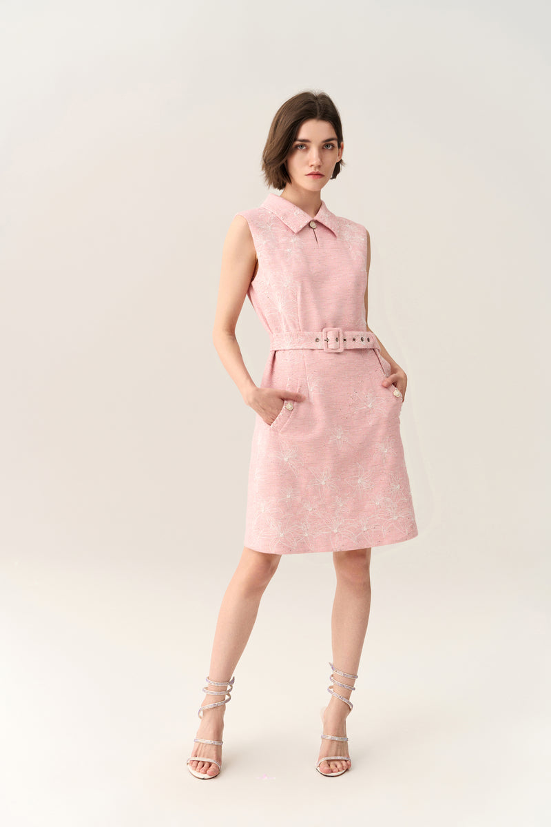 Pink Collar Belted Tweed Sleeveless Dress