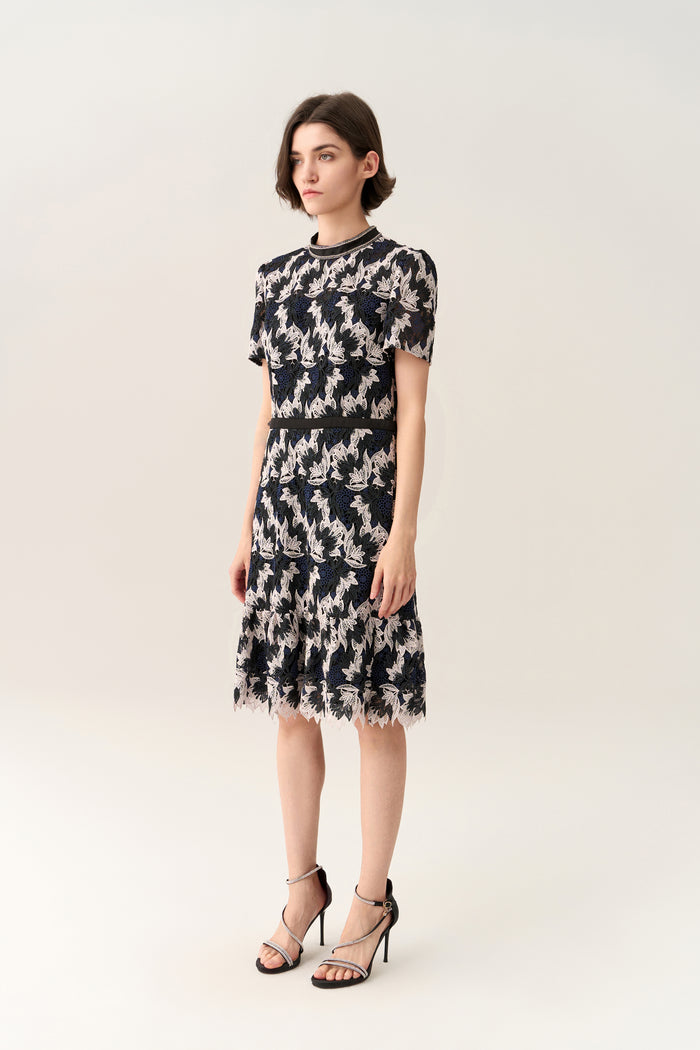 Short-sleeve Lurex Lace Ruffle-detail Dress