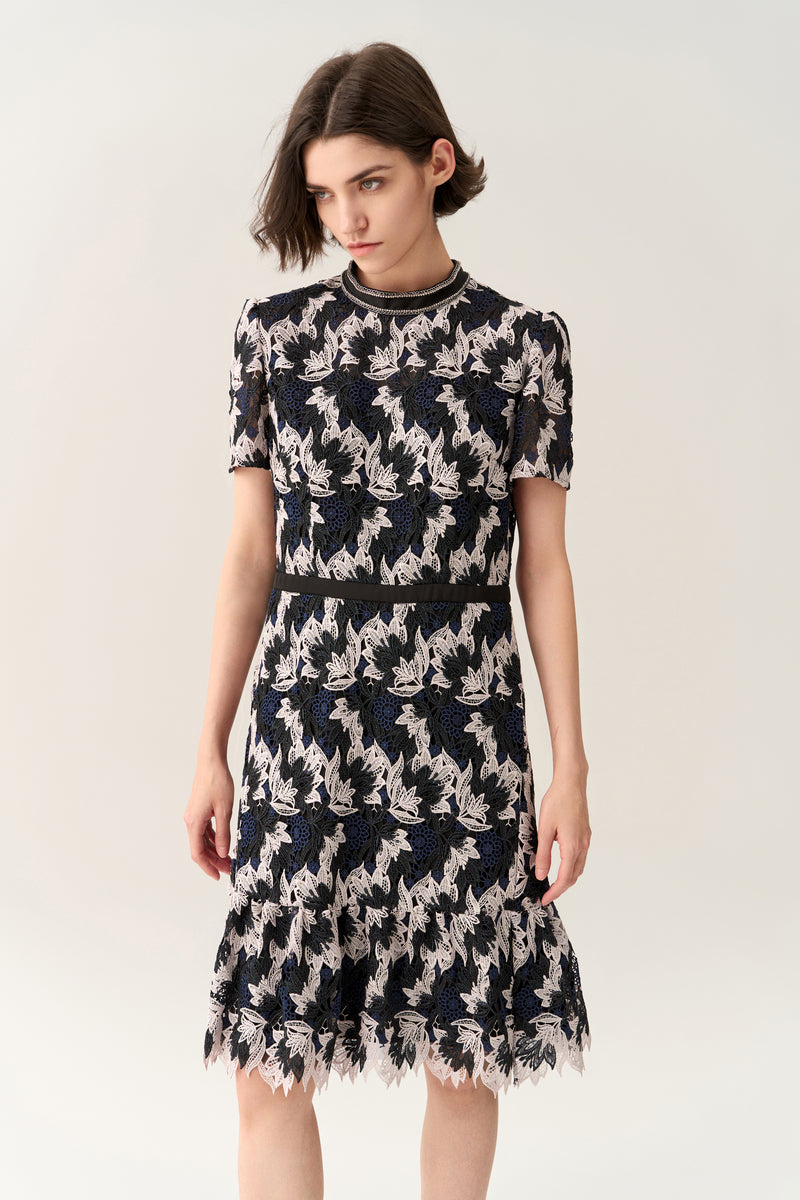 Short-sleeve Lurex Lace Ruffle-detail Dress