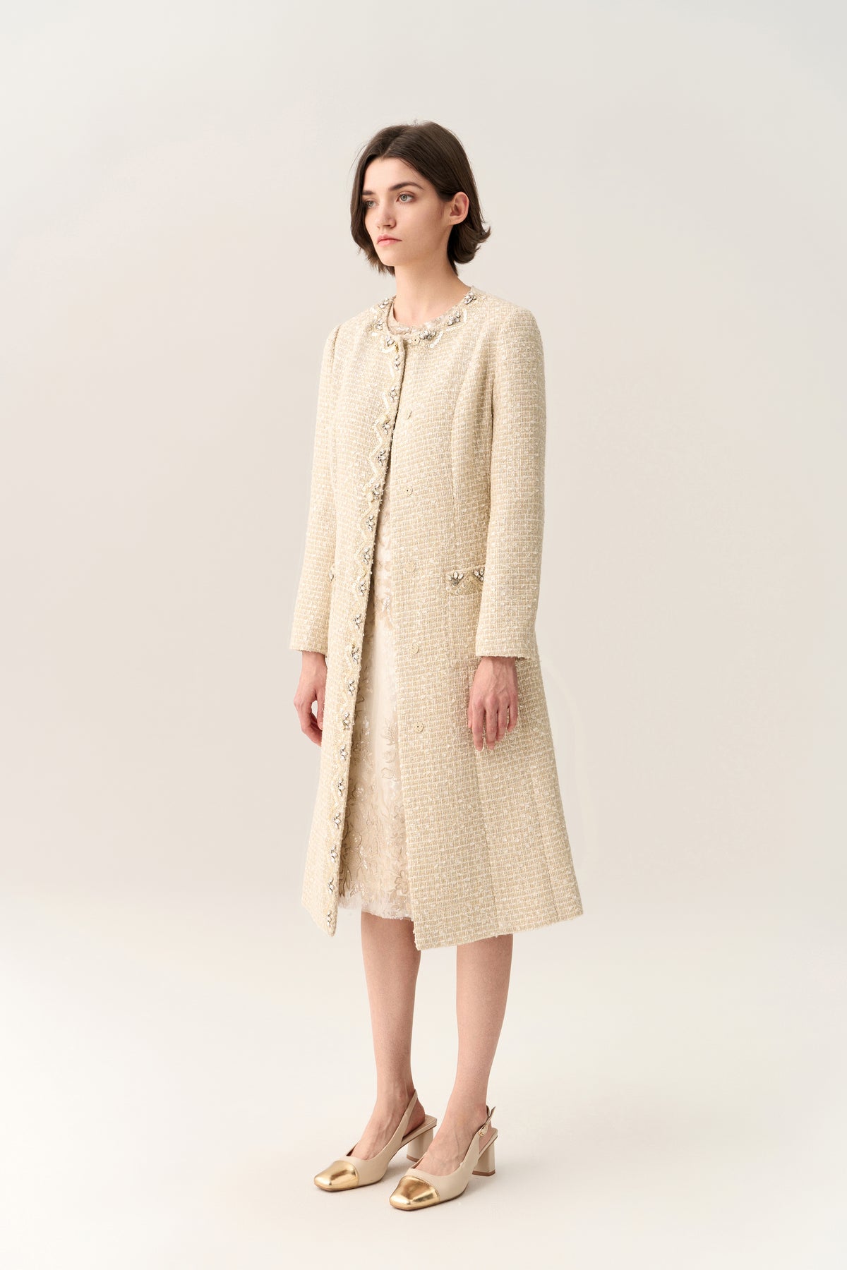 Embellish-trimmed Tie Belt Coat