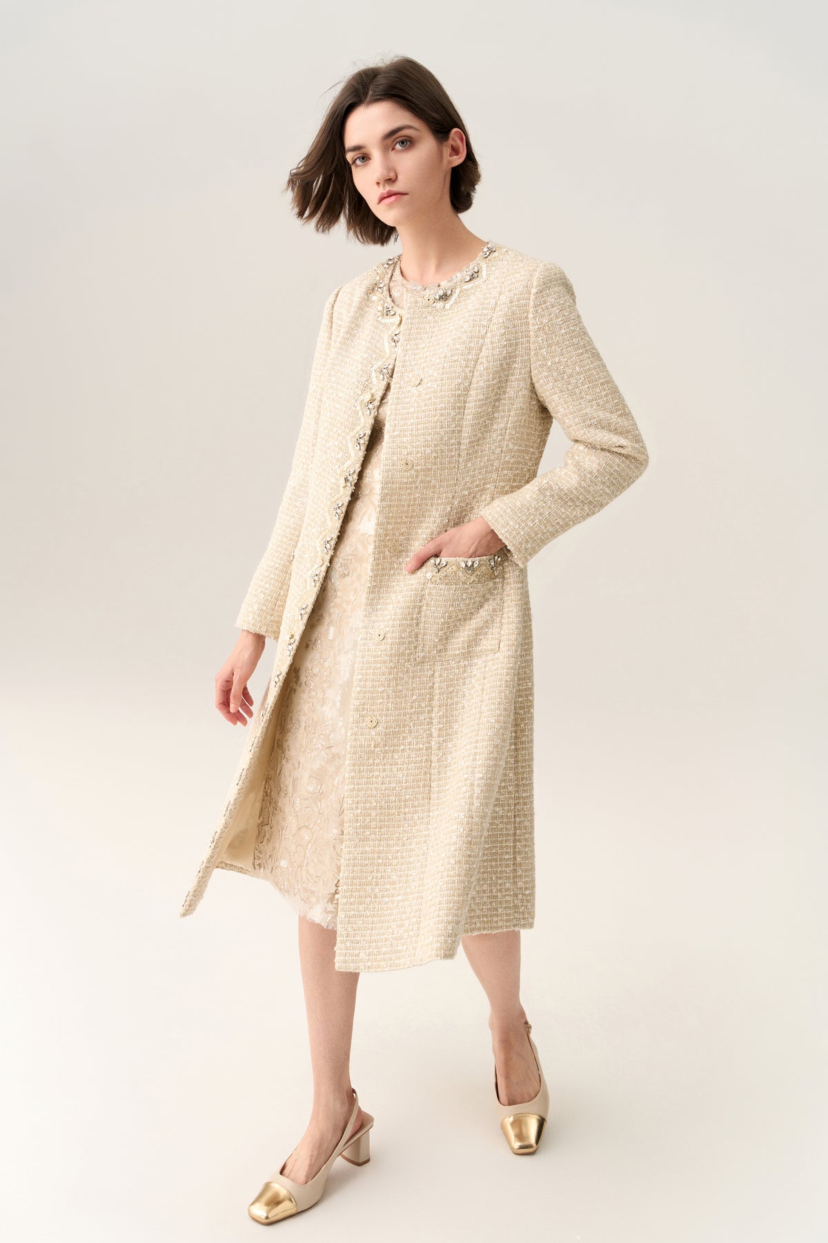 Embellish-trimmed Tie Belt Coat