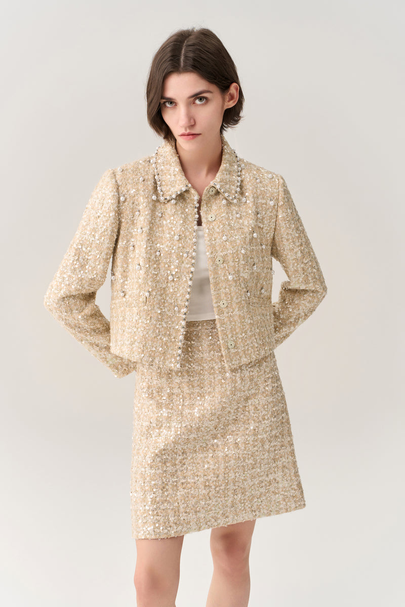 Embellished Midi Tweed Skirt