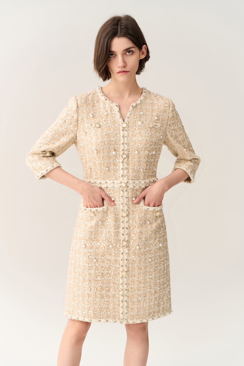 Three-quarter Sleeve Embellished Tweed Dress