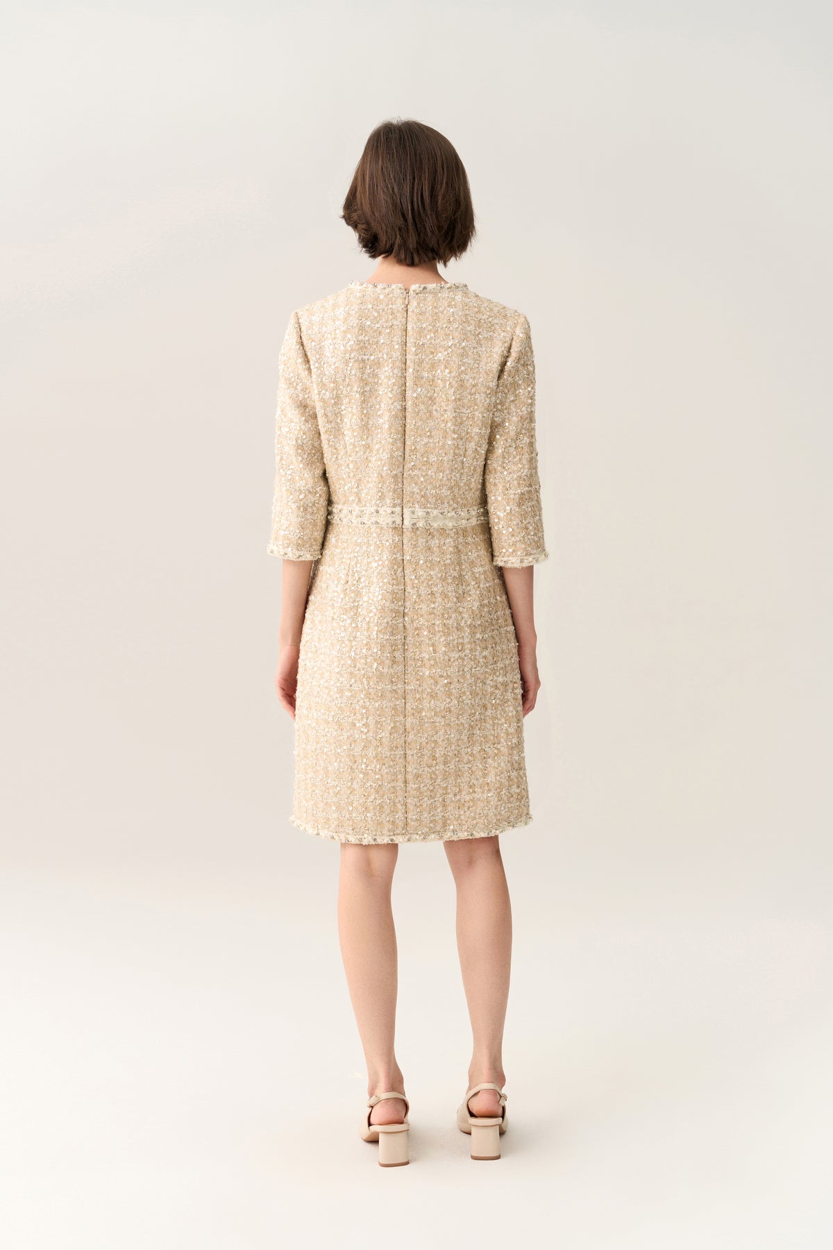 Three-quarter Sleeve Embellished Tweed Dress