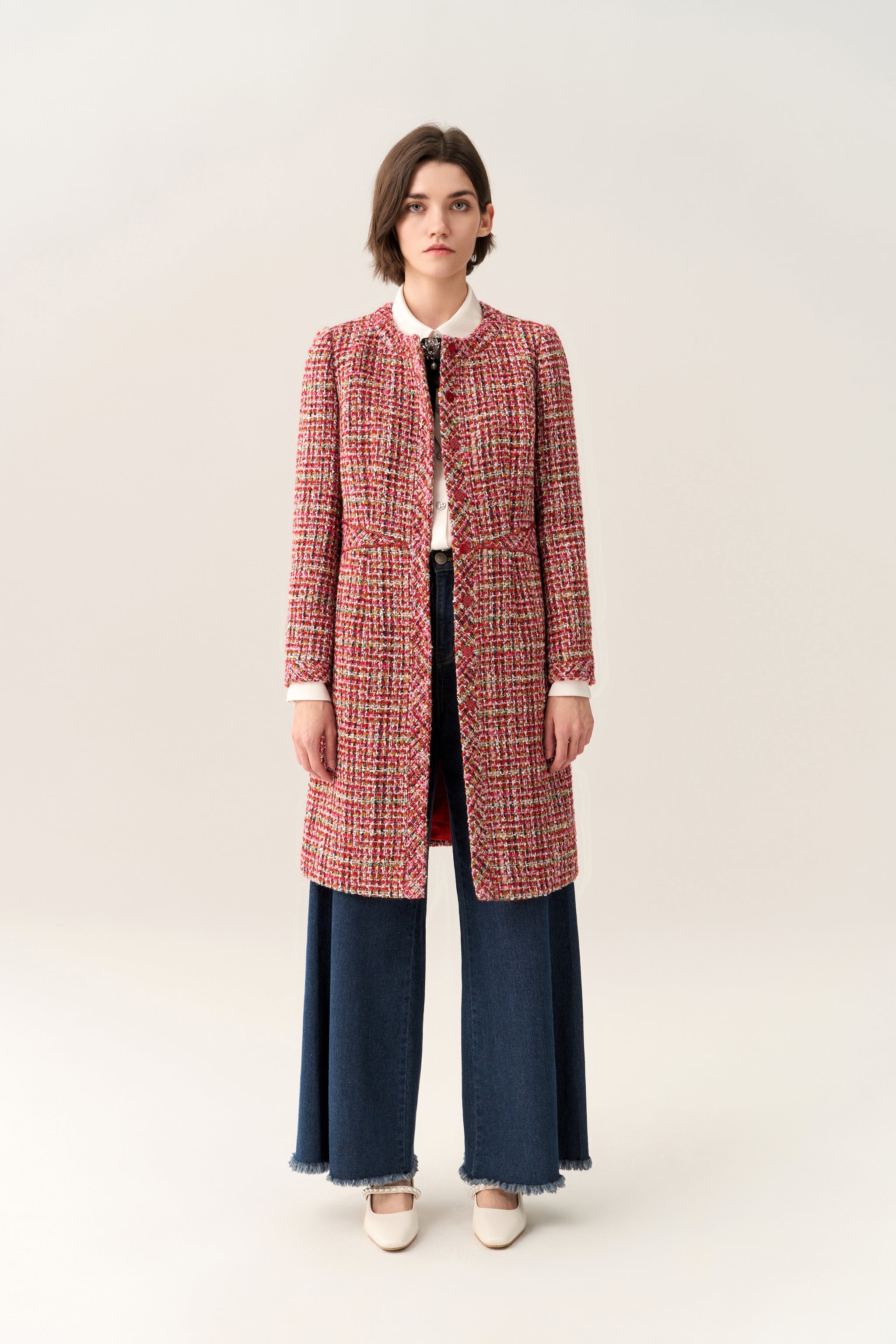 Bead-detail Concealed-fastening Midi Coat