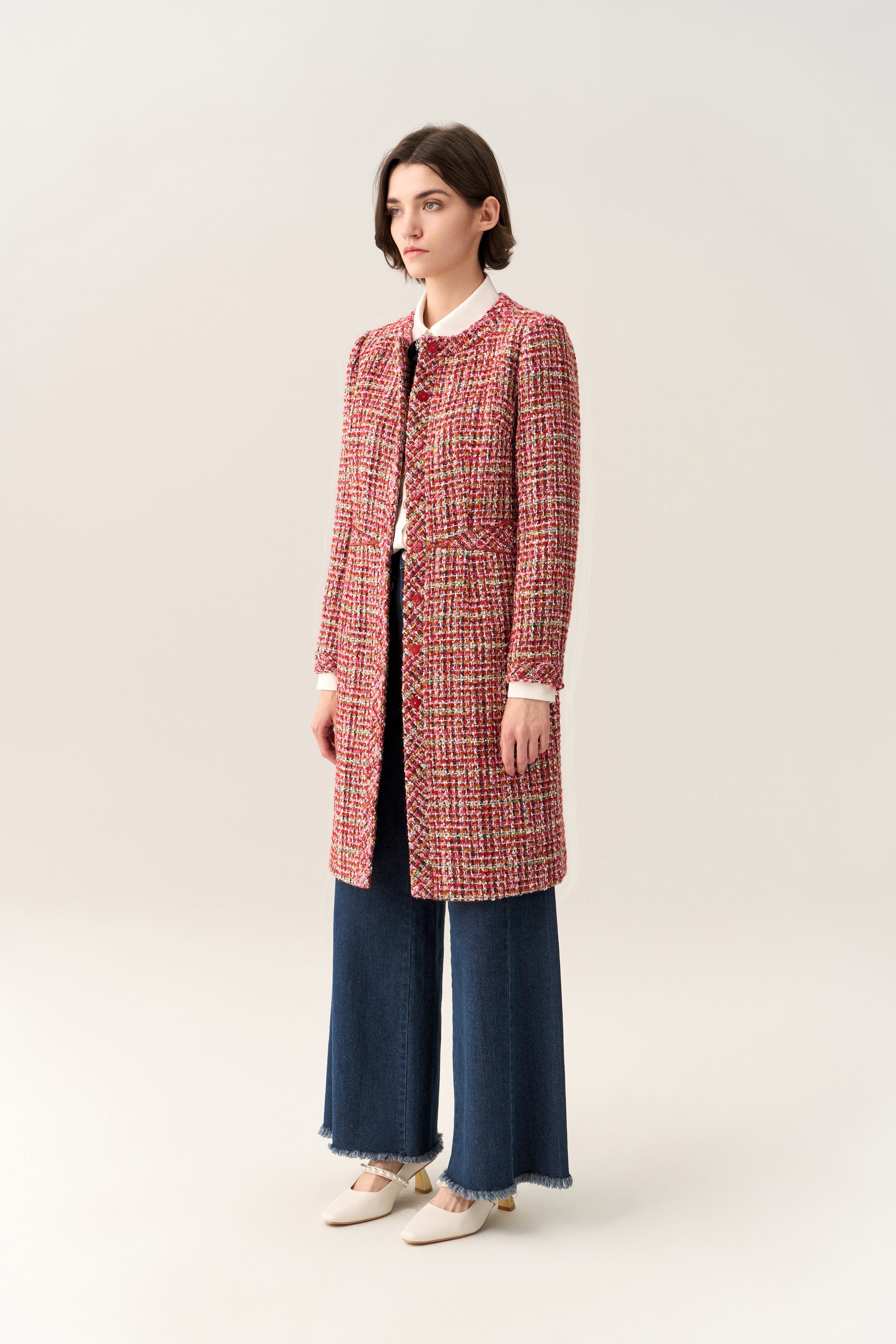 Bead-detail Concealed-fastening Midi Coat