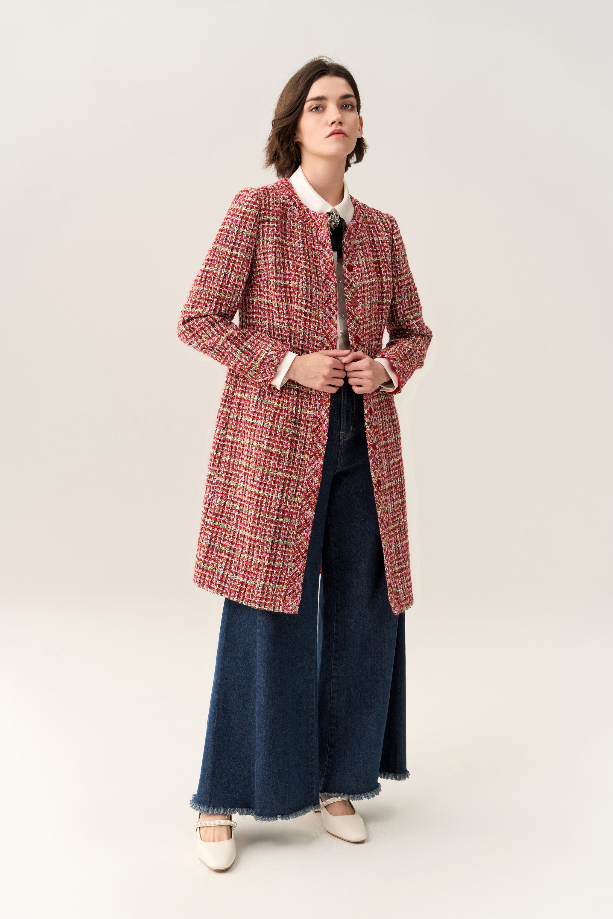 Bead-detail Concealed-fastening Midi Coat