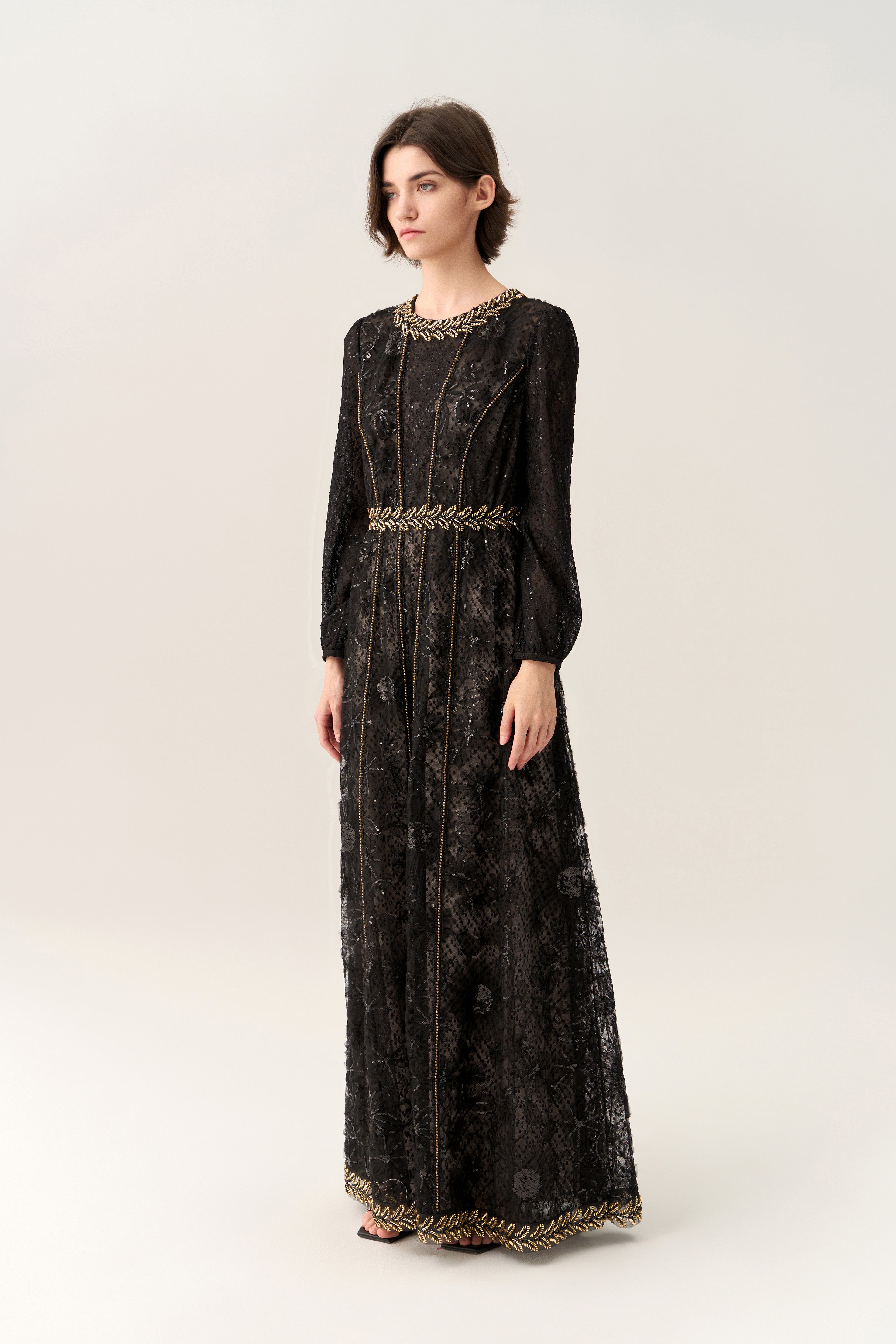 Prestige Sequined Puff-sleeve Bead-detail Lace Gown