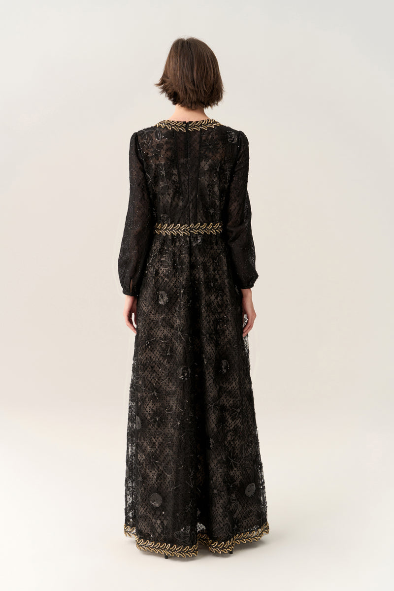Prestige Sequined Puff-sleeve Bead-detail Lace Gown