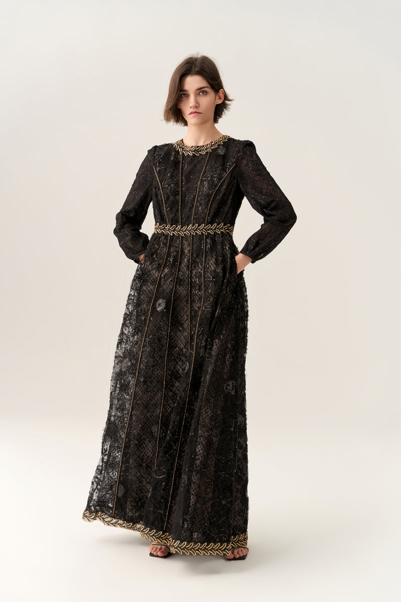 Prestige Sequined Puff-sleeve Bead-detail Lace Gown