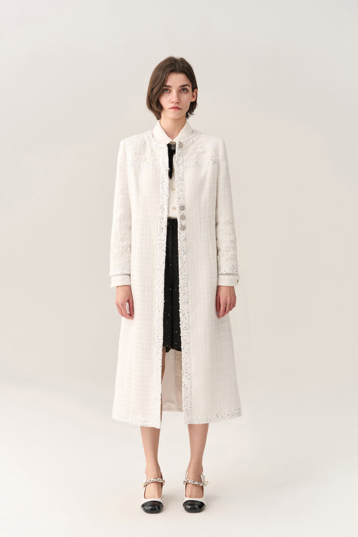 Sequin & Lace Detail Tweed Maxi Coat