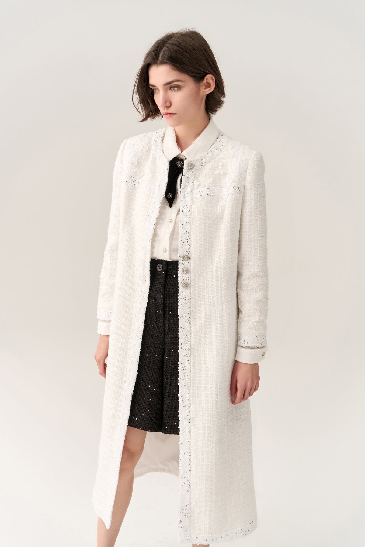 Sequin & Lace Detail Tweed Maxi Coat