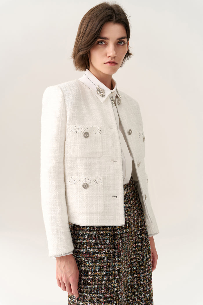 Sequin Detail Patch-pocket Tweed Jacket