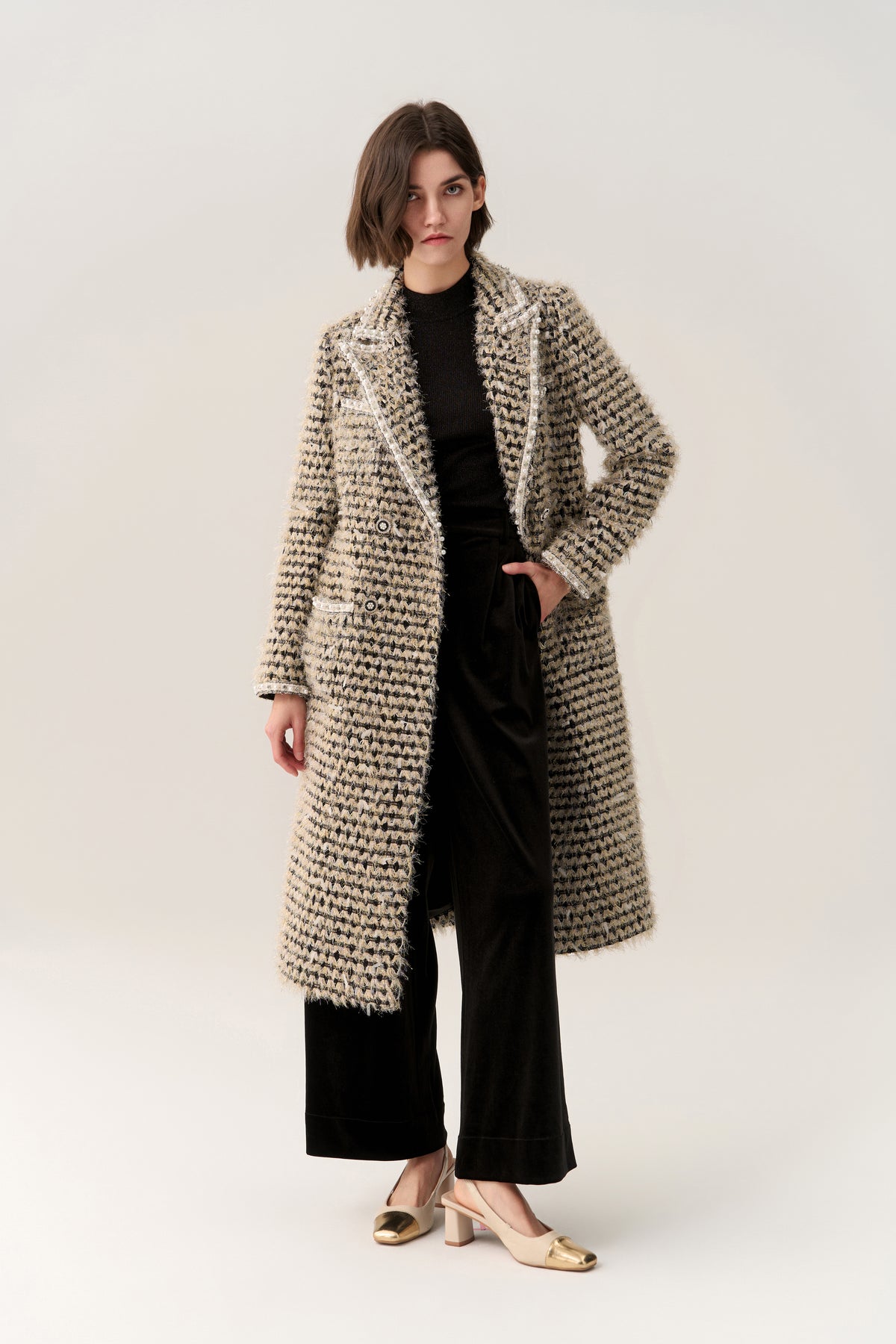 Double-breasted Frayed-detail Lapel Tweed Coat