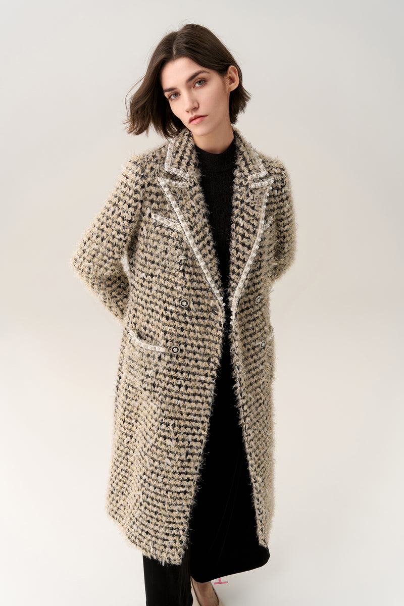 Double-breasted Frayed-detail Lapel Tweed Coat