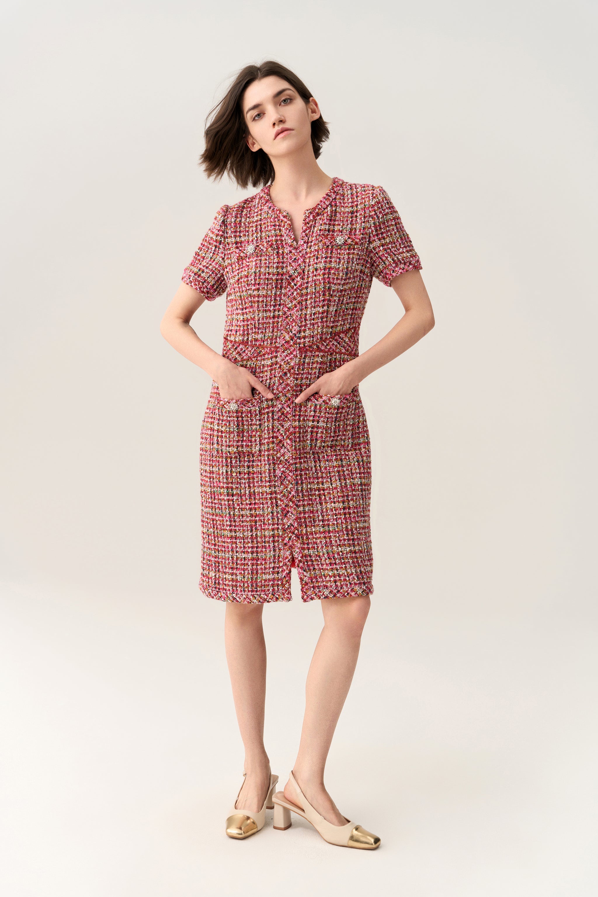 Patch-pocket Bead-detail Concealed-fastening Short-sleeve Dress