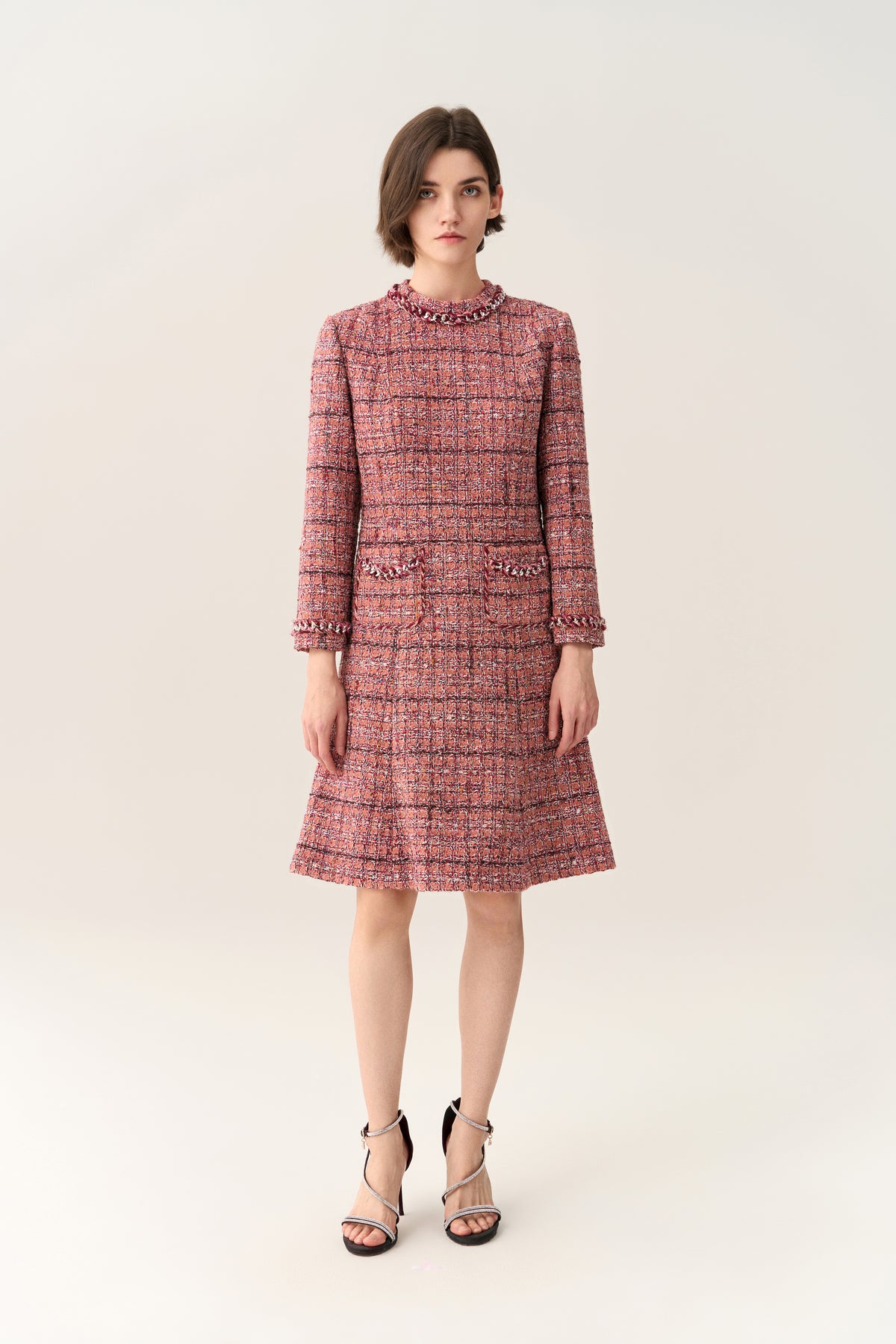 MOISELLE Checked Braid-trim Patch Pocket A-line Dress MOISELLE Checked Braid-trim Patch Pocket A-line Dress