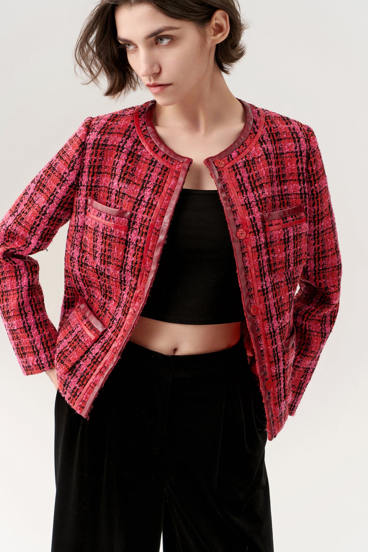 Checkered Concealed-fastening Patch-pocket Tweed Jacket
