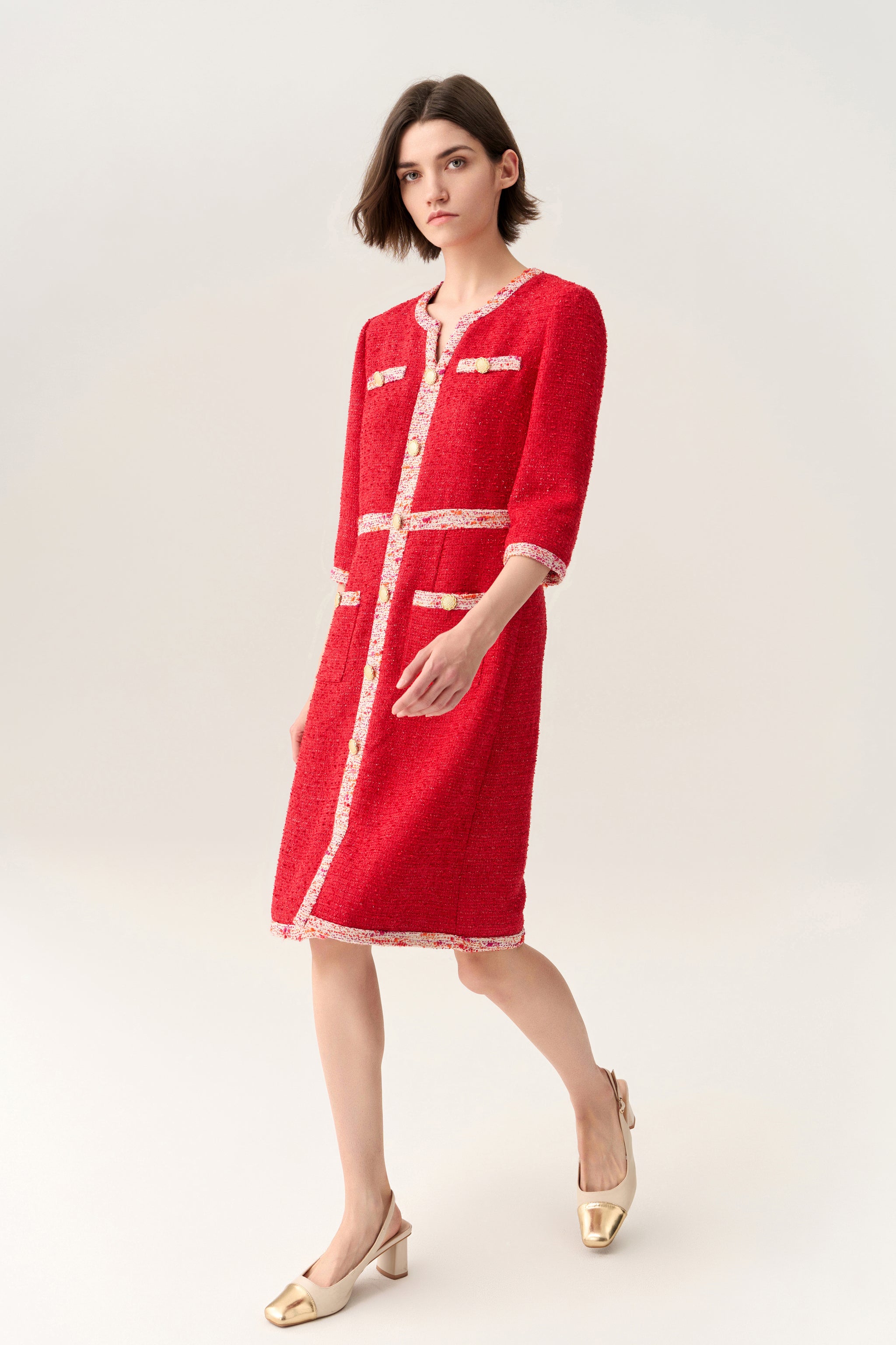 Three-quarter Sleeve Slit Pocket Tweed Dress