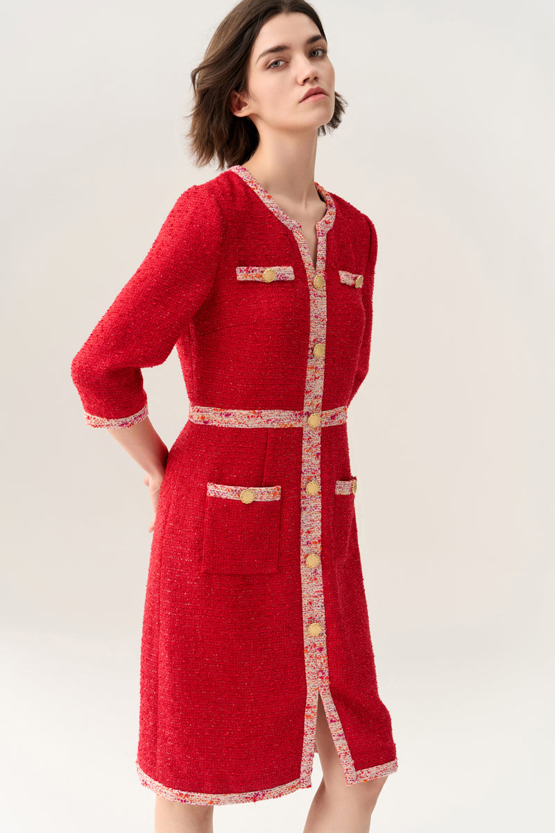 Three-quarter Sleeve Slit Pocket Tweed Dress