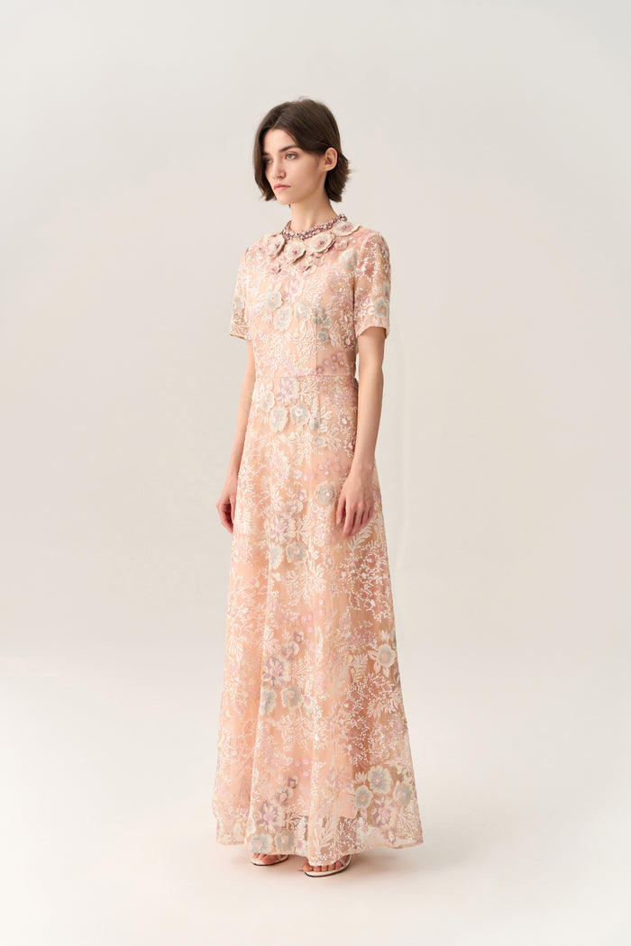 Fantasy Coral Embroidered Mesh Dress
