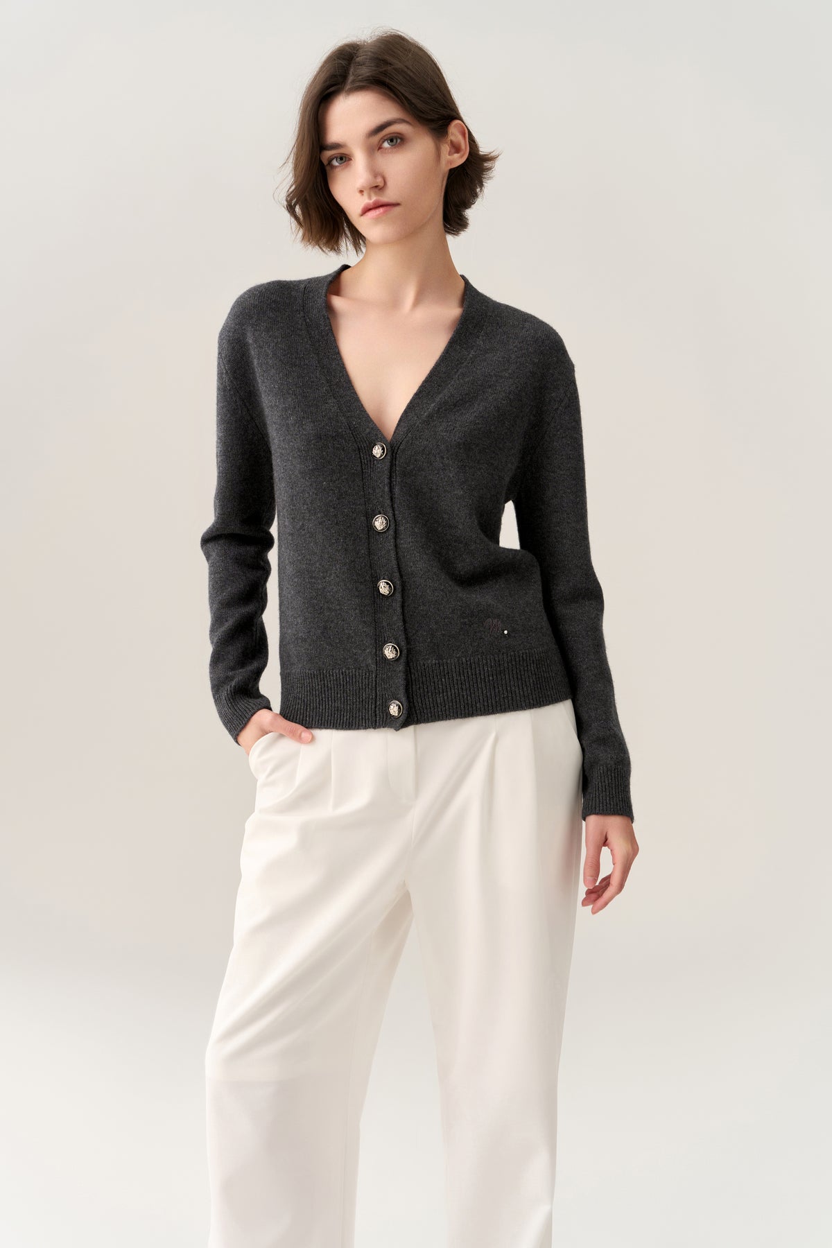 Enamel Button Ribbed-trim Mixed Wool Cardigan