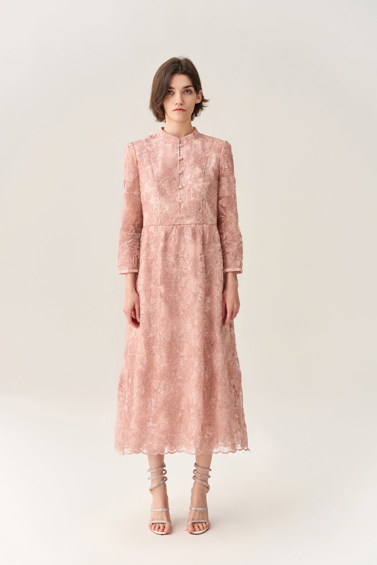 MOISELLE Button-up Embroidery Sequin-detail Scallop-hem Dress MOISELLE Button-up Embroidery Sequin-detail Scallop-hem Dress