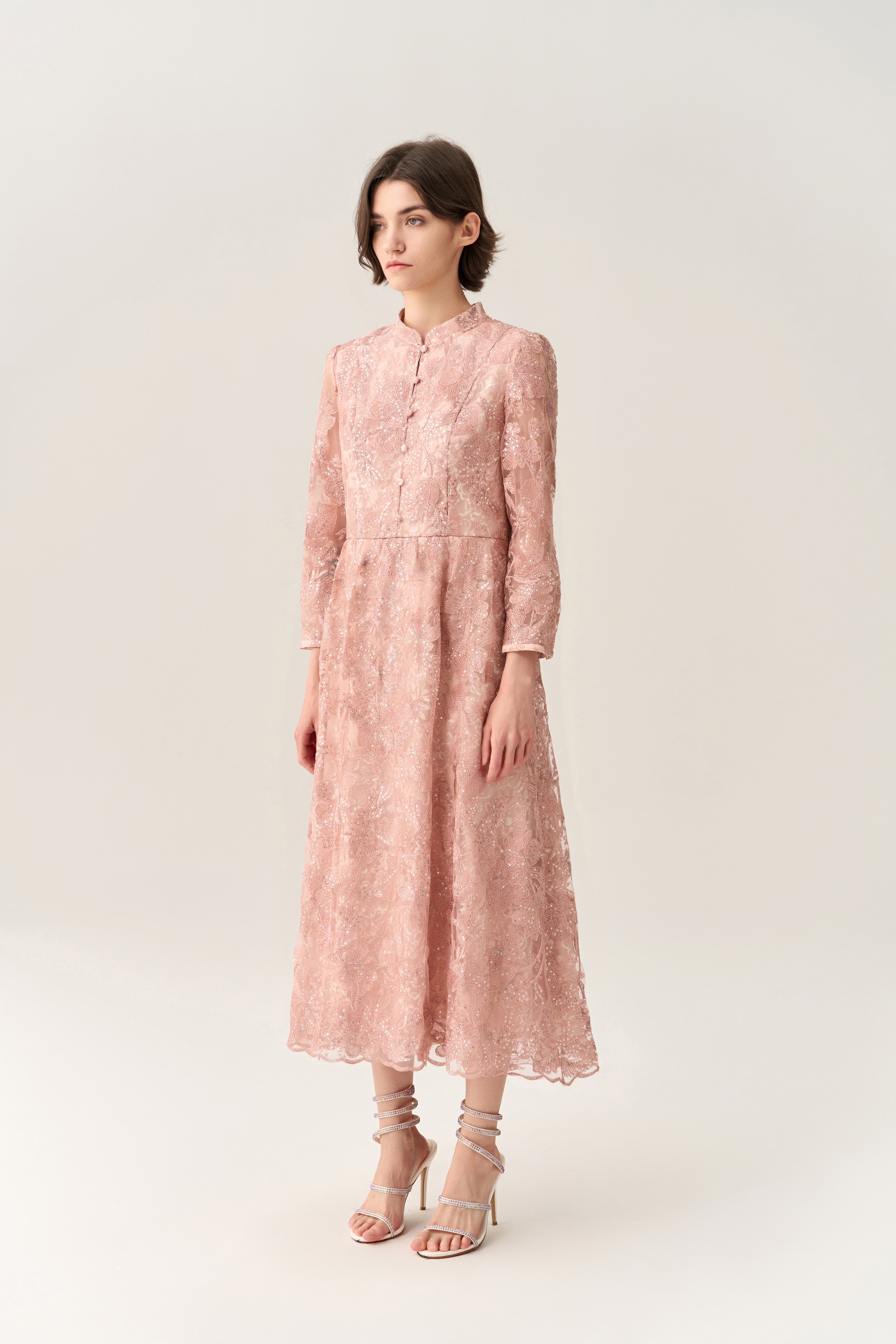 Button-up Embroidery Sequin-detail Scallop-hem Dress