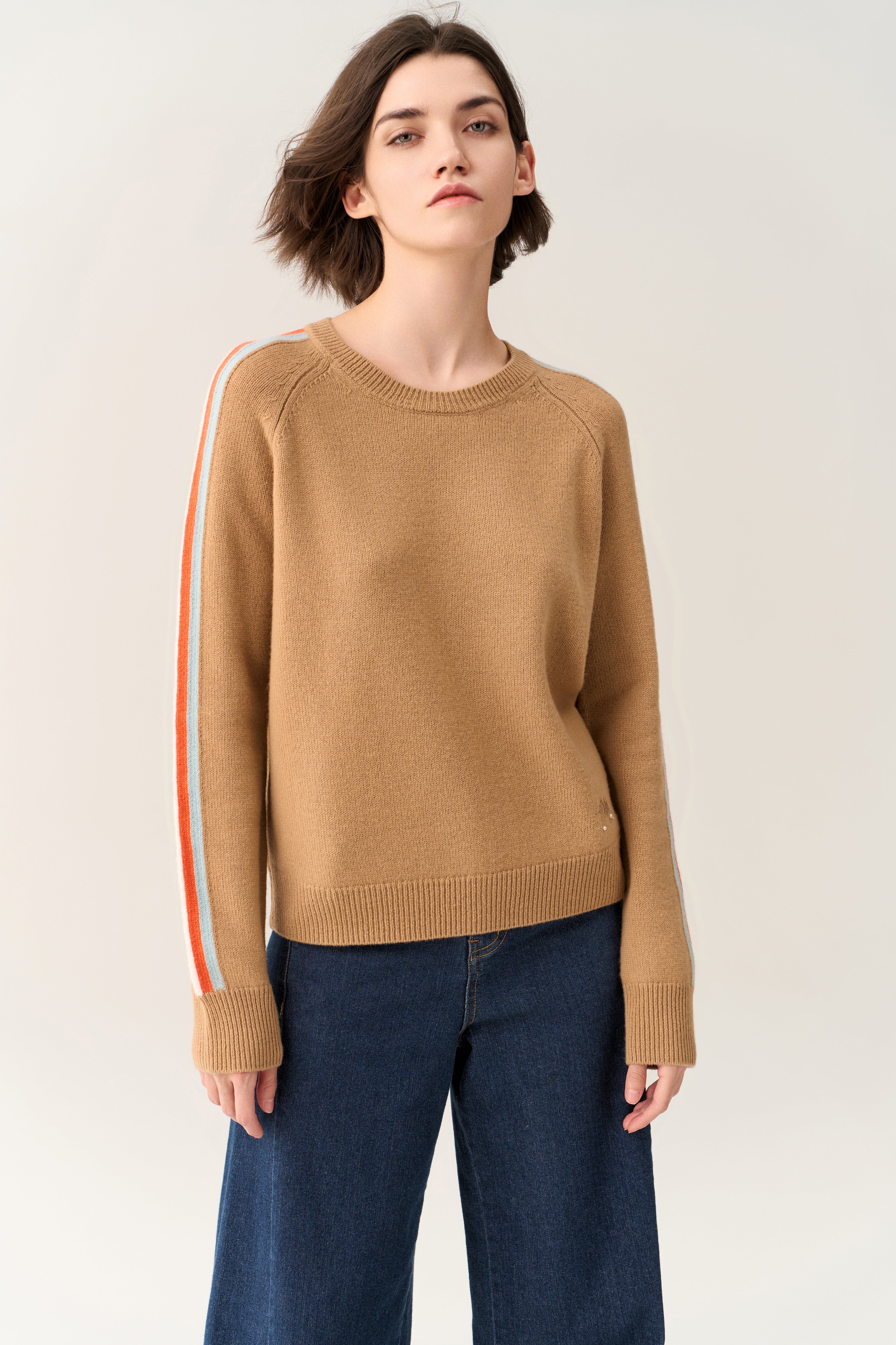 Khaki Stripe-detail Ribbed Trim Jumper