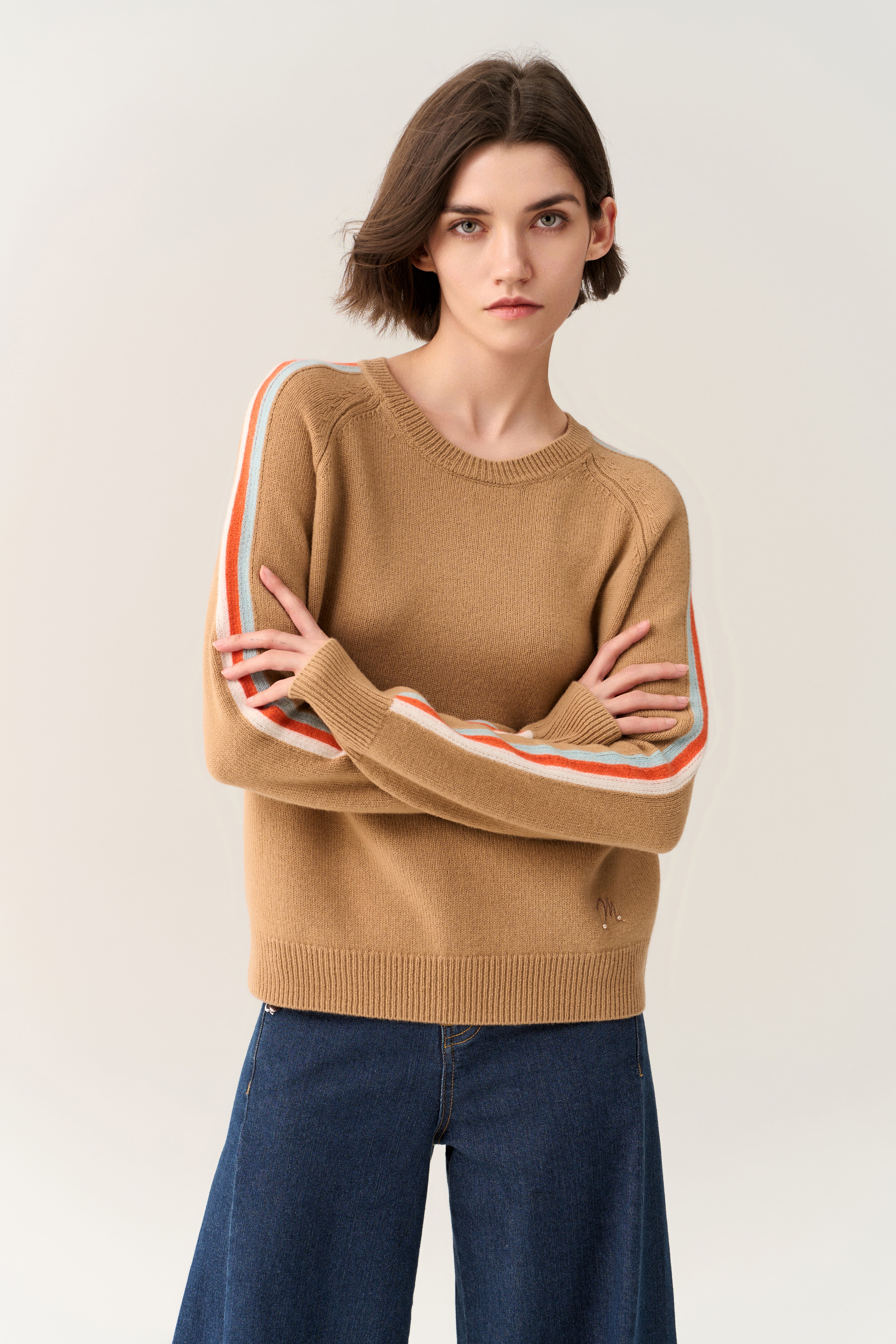 Khaki Stripe-detail Ribbed Trim Jumper