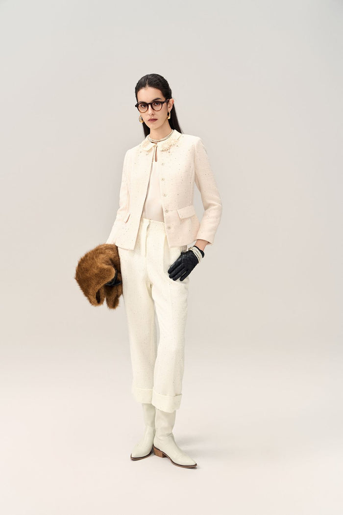 Sequin-Embellished Tweed Straight-Leg Trousers