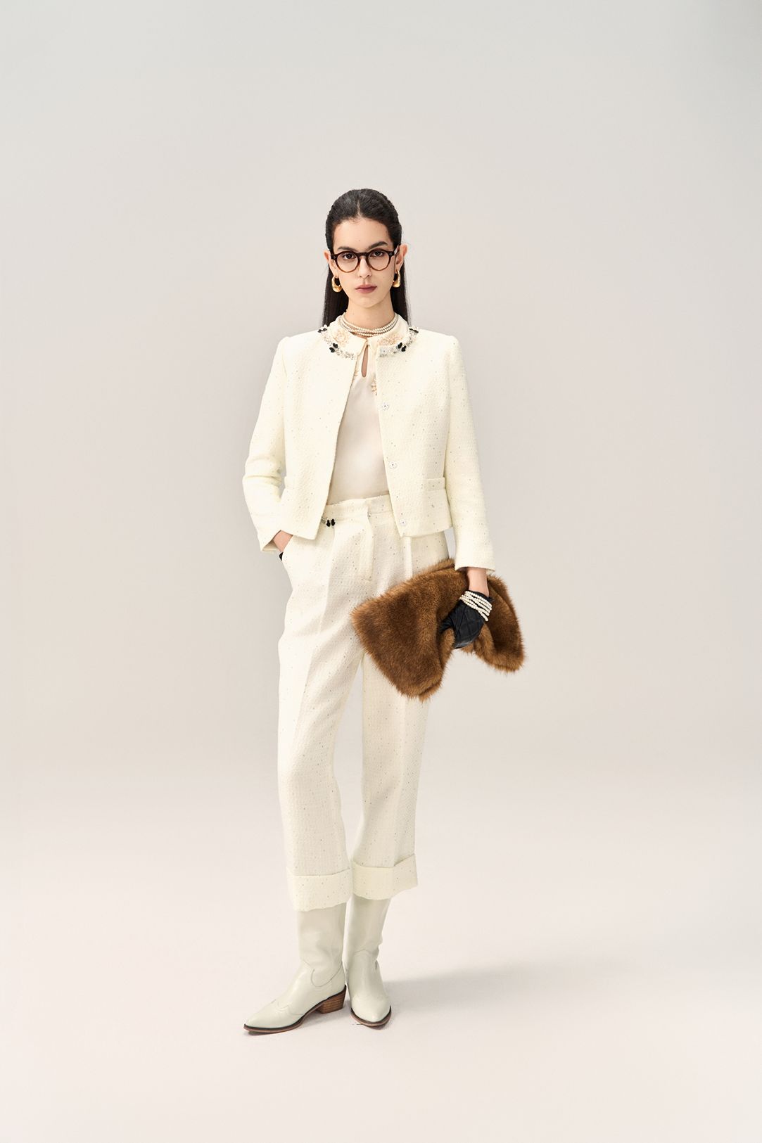 Embellished Tweed Jacket with Bow Accents