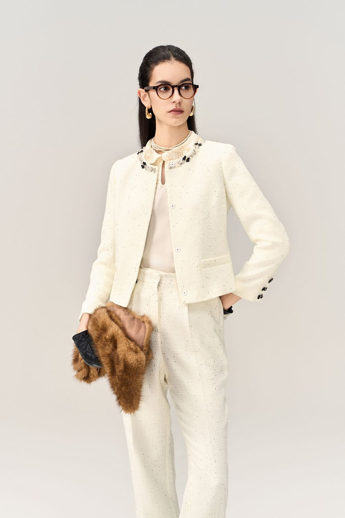 Embellished Tweed Jacket with Bow Accents