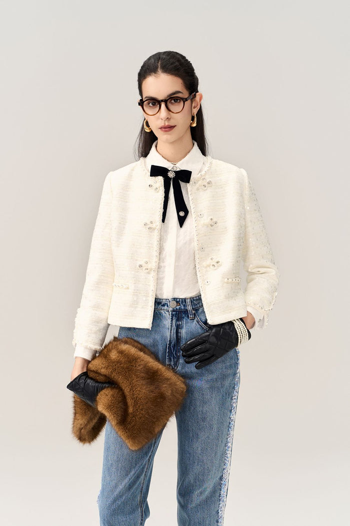 Striped Embellished knot Button Jacket