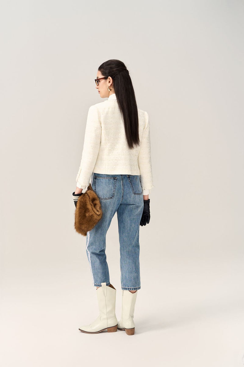 Striped Embellished knot Button Jacket