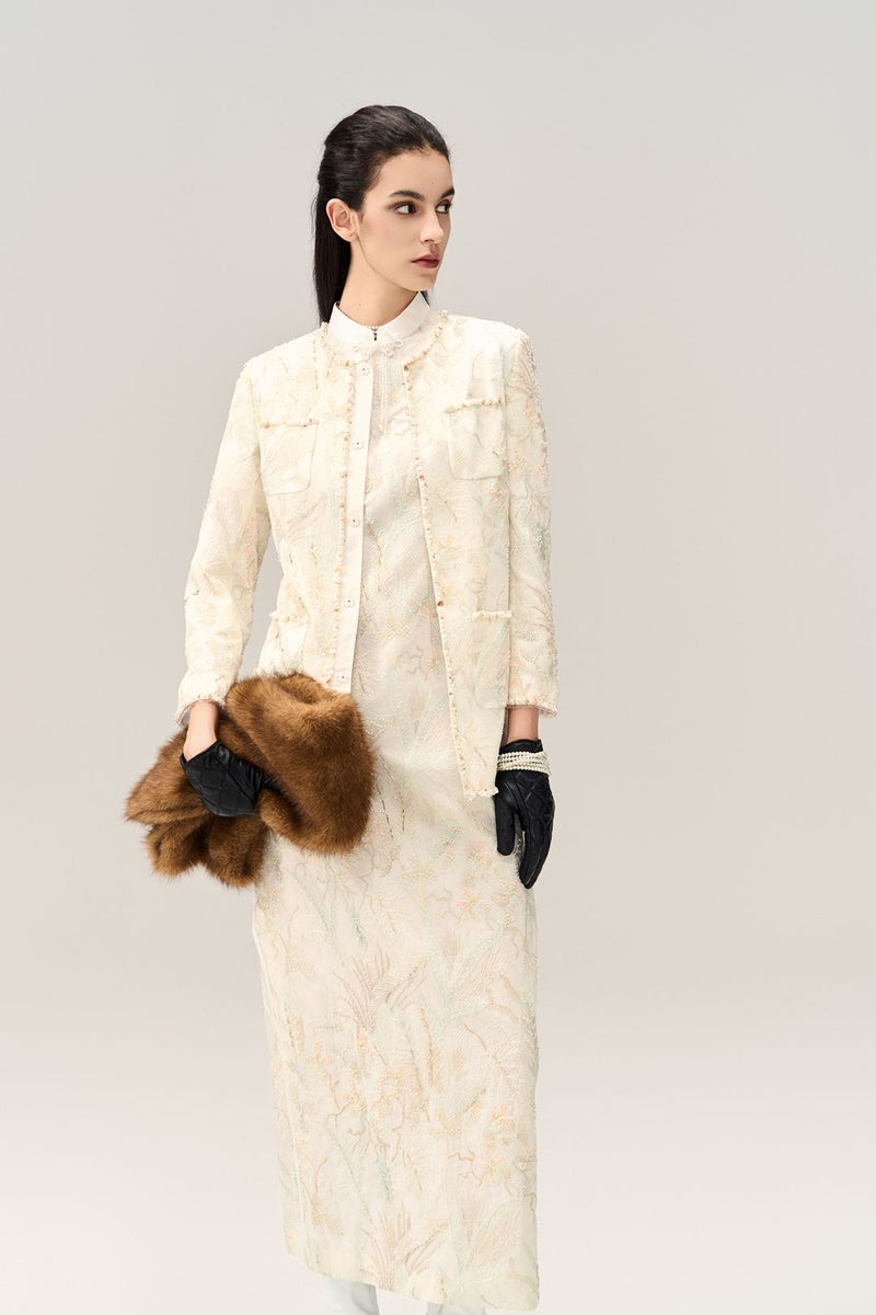 Stone-detail Embellished Floral-embroidery Long Jacket