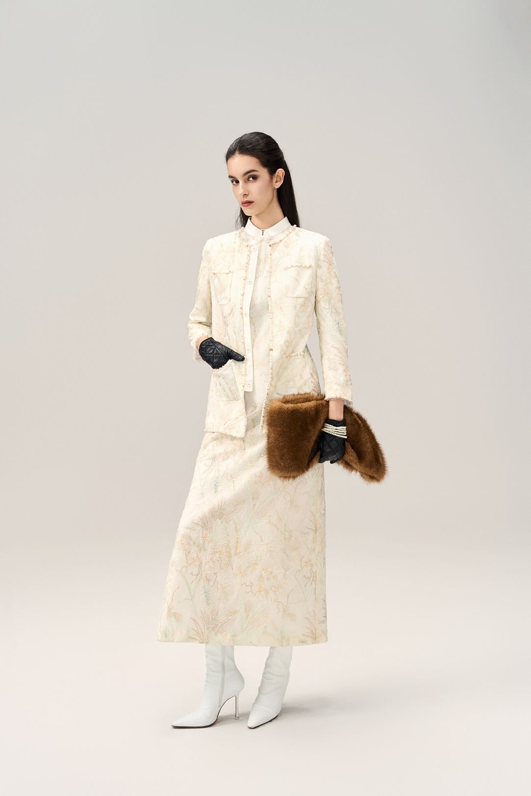 Stone-detail Embellished Floral-embroidery Long Jacket