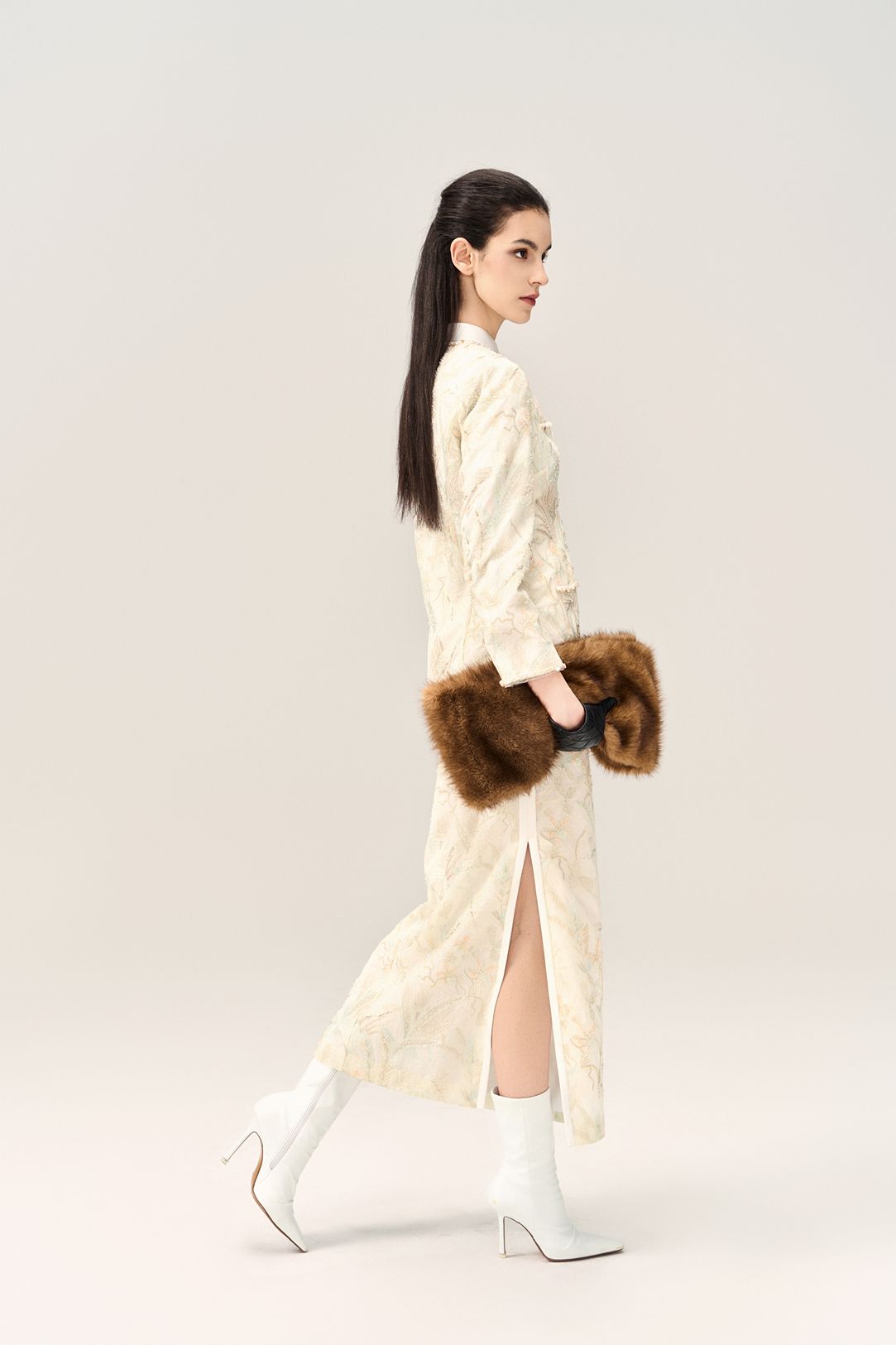 Stone-detail Embellished Floral-embroidery Long Jacket