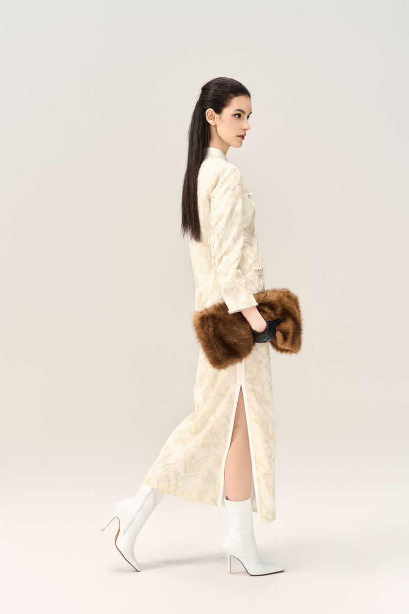 Stone-detail Embellished Floral-embroidery Long Jacket