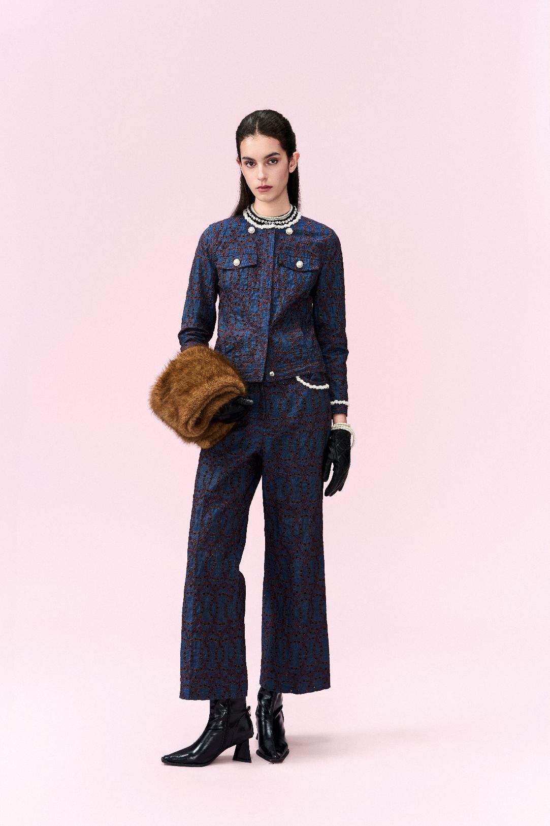 Contrast Embroidered Monogram Flared Trousers