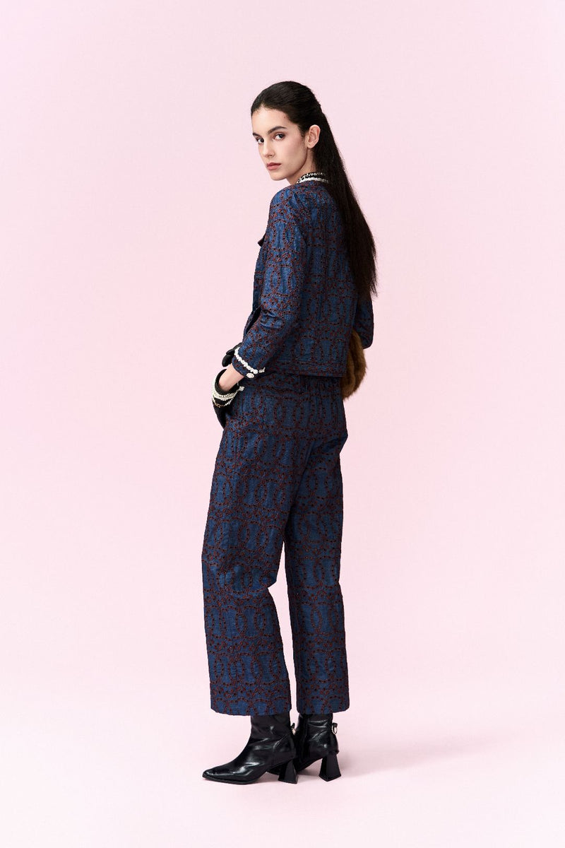 Contrast Embroidered Monogram Flared Trousers
