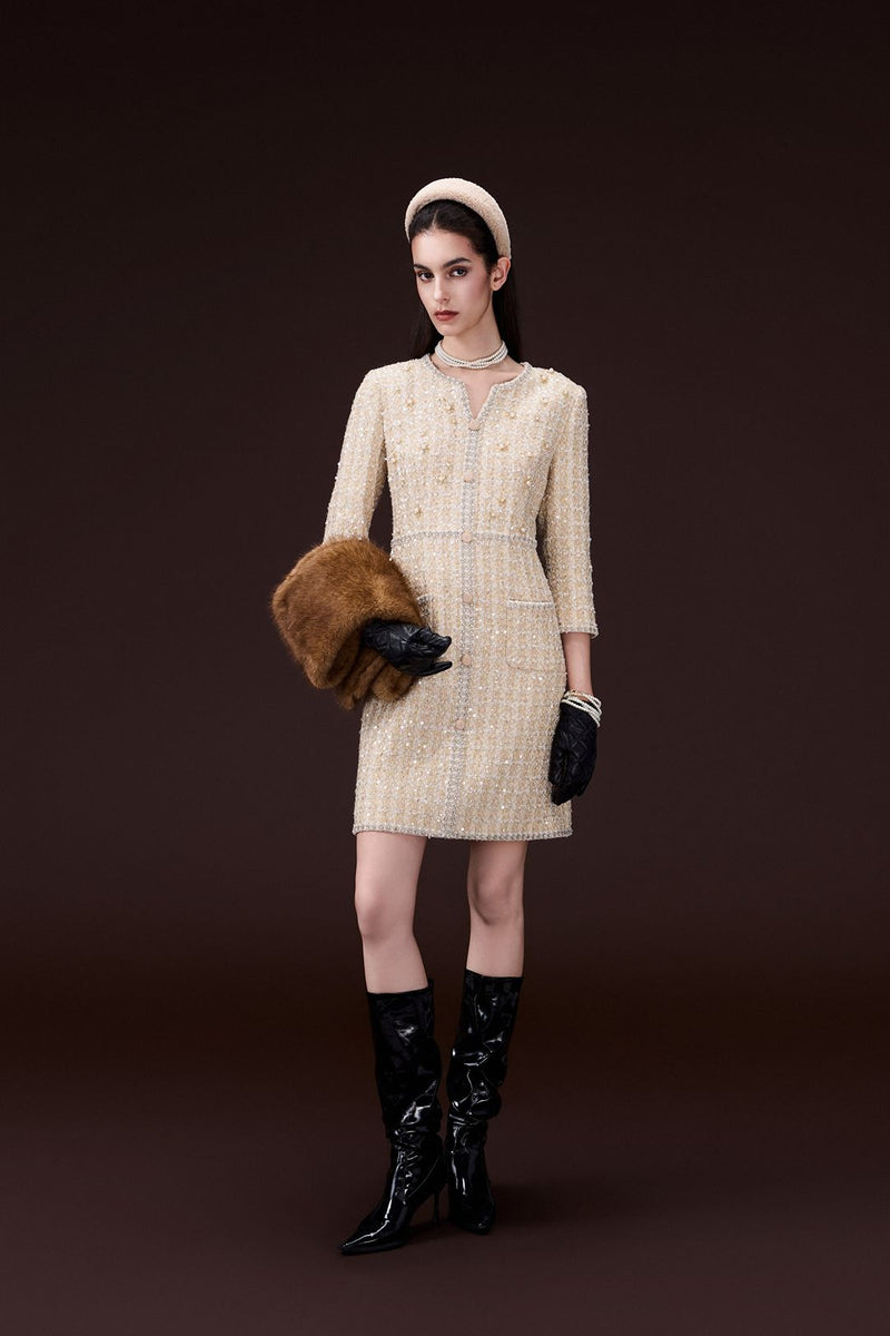 Lurex Checked Tweed Sequin-detail Embellished Dress